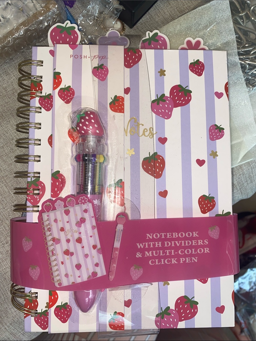Posh Strawberry Multi-Color Click Pen Notebook - Pink & Purple